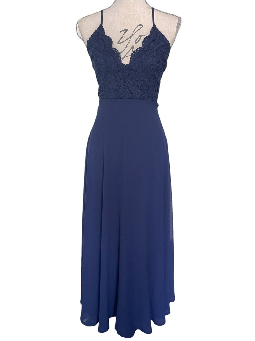 Lulus Navy Madalyn Lace Chiffon Spaghetti Strap Maxi Dress (XS)